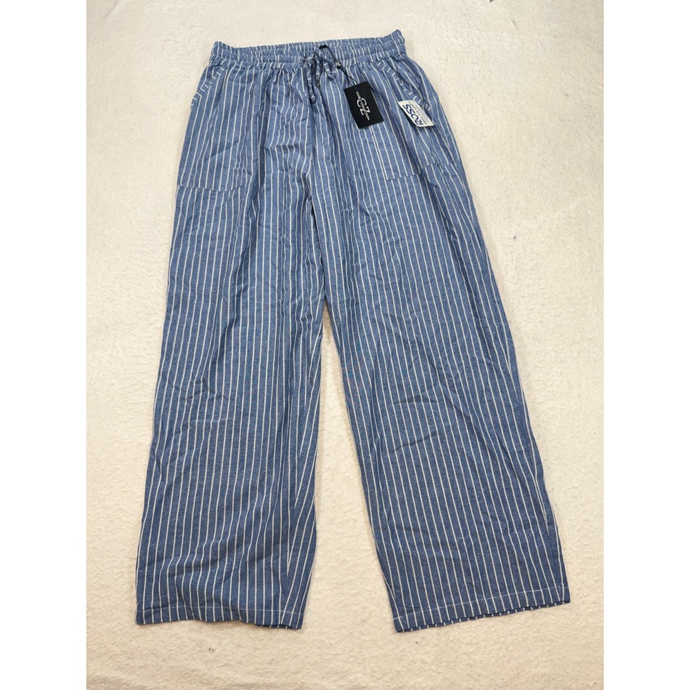 Club Z Collection Blue White Striped Wide Leg Pants 1X NWT Drawstring Pockets